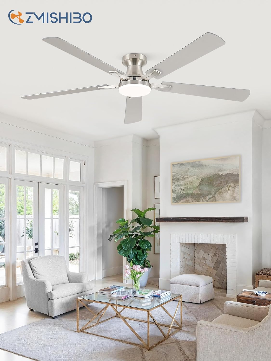 ZMISHIBO 60 Inch Ceiling Fan with Light, App&Remote Control, Flush Mount Low Profile, Dimmable 20W LED Light, Quiet Reversible Motor for Bedroom, Living Room, Apartment, Nickel