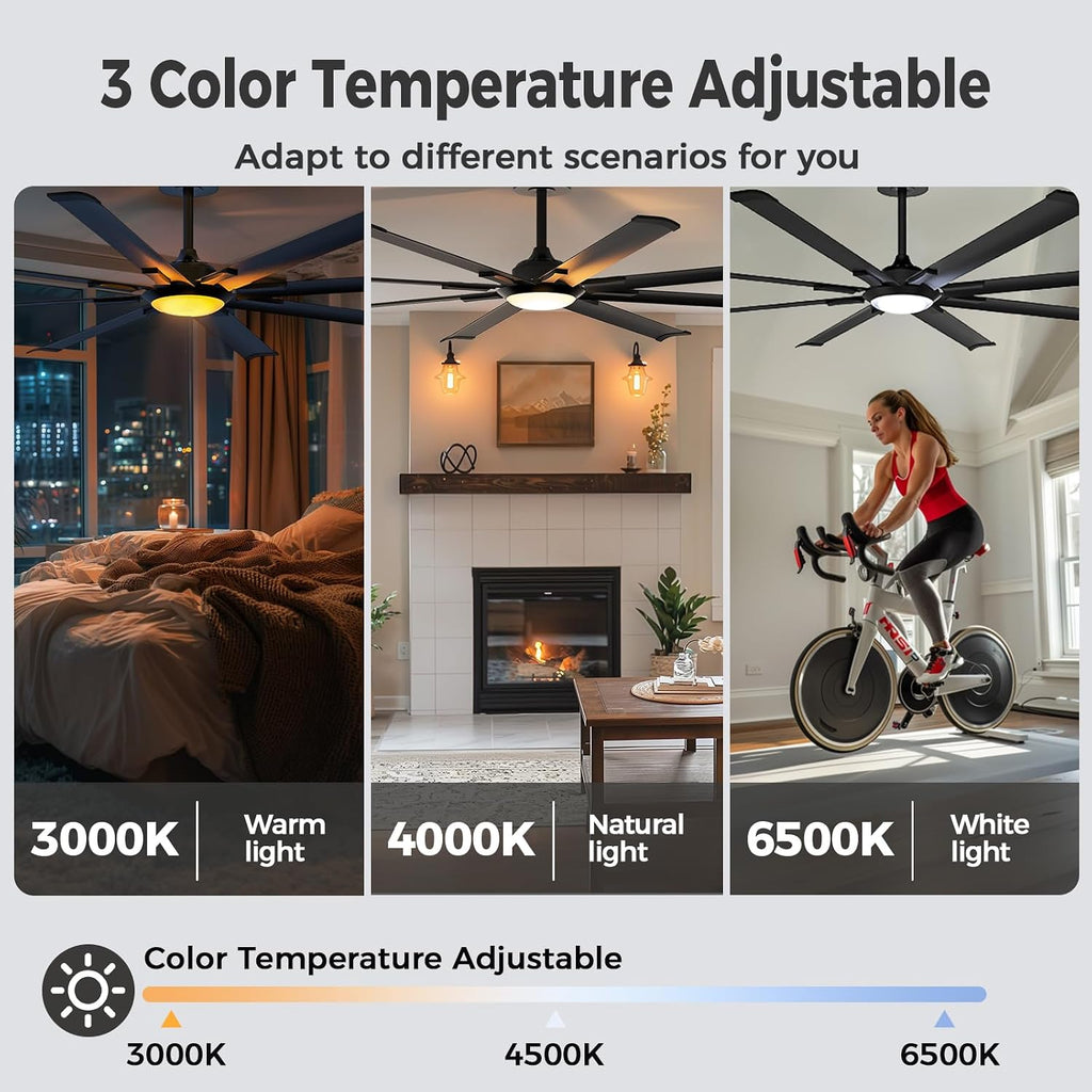 Obabala 72 Inch Industrial Ceiling Fan with Light and Remote Control, Large Ceiling Fans 8 Aluminum Blades, Quiet 35dB DC Motor, 6 Speed Dimmable LED, Indoor Outdoor for Garage Warehouse Patio