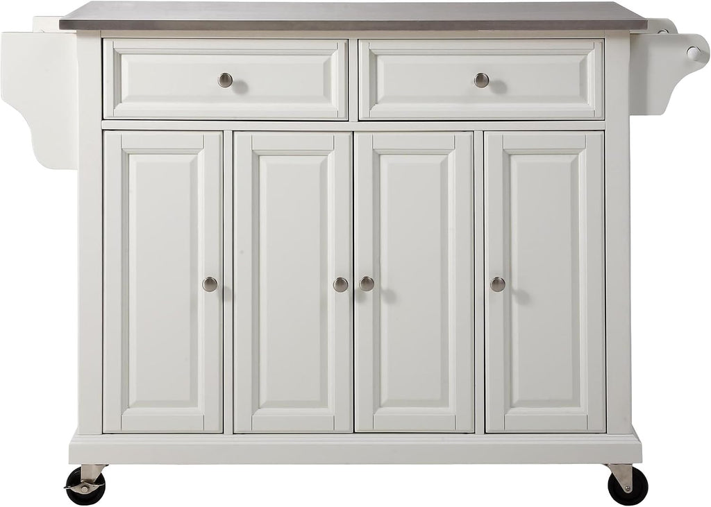 Crosley Furniture Full Size Stainless Steel Rolling Kitchen Island Storage Cart, Microwave Stand, Spice Rack, White