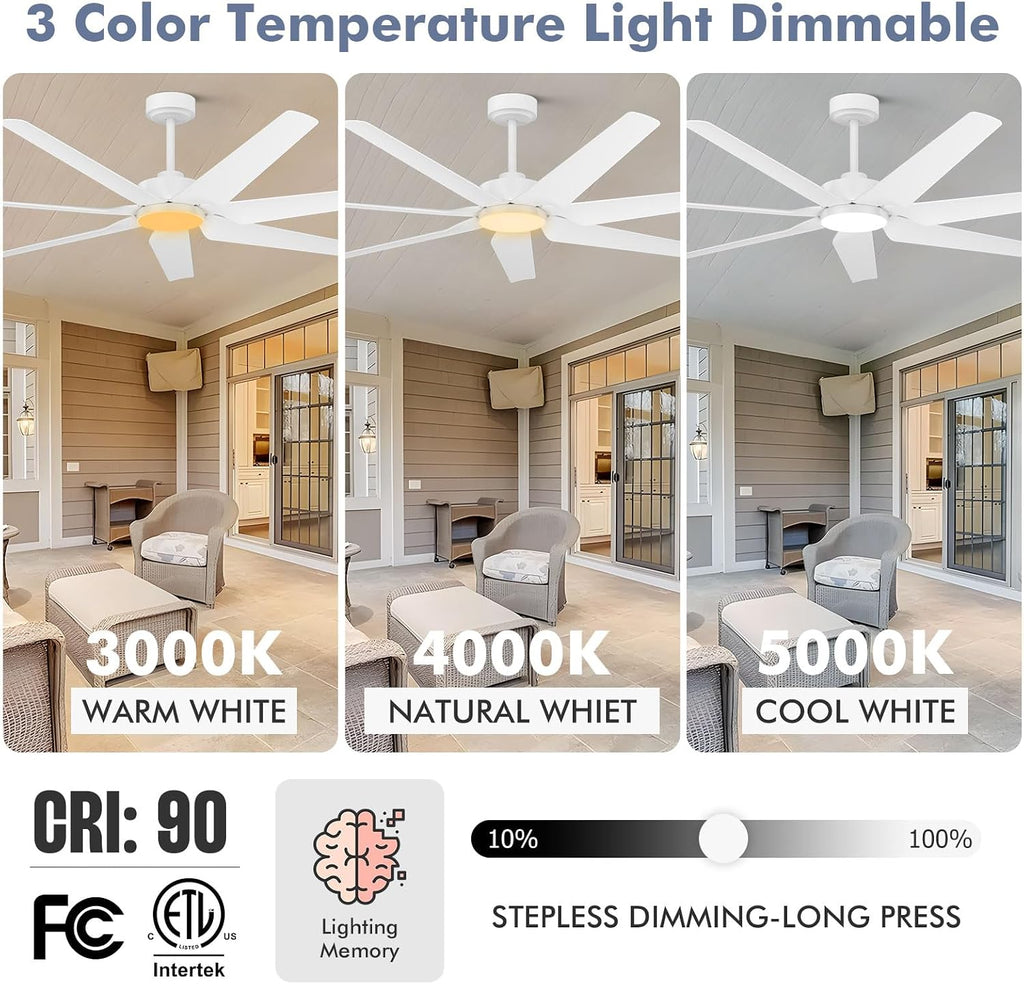65' Smart Ceiling Fan with Light, Alexa/Google/App Control, 7 ABS White Blades & High-CFM Quiet DC Motor, Energy Efficient Modern Indoor/Outdoor Fan,Dimmable LED for Bedroom, Covered Patio, Porch