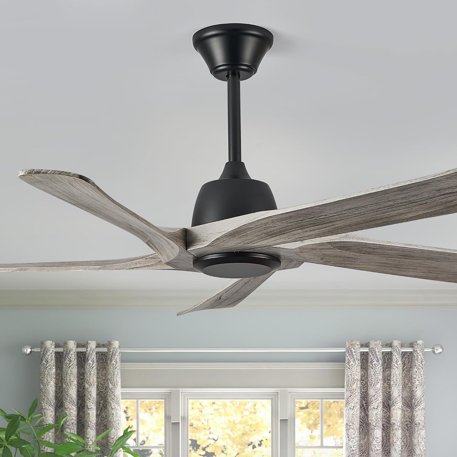 52' DC Ceiling Fan without Light, 5 Solid Wood Fan Blades, Remote and APP Control, 6-speed Reversible, Noiseless Ceiling Fan No Lights for Bedroom, Living Room, Office, Greywood