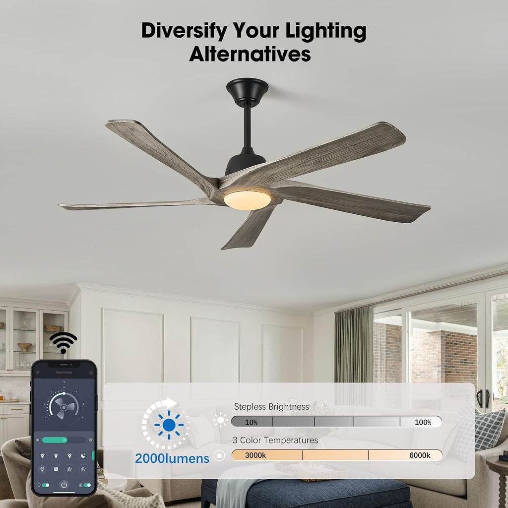 60' Solid Wood Ceiling Fan with Lights, Remote and APP Control, 3-color Dimmable LED, 6-speed Reversible, Modern Ceiling Fans for Bedroom, Living Room, Outdoor/Indoor, Greywood