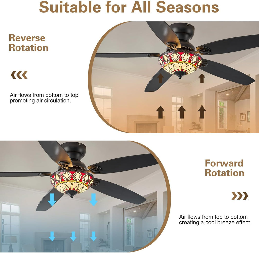 Tiffany Ceiling Fans with Lights - 52' Ceiling Fan Chandelier with 5 Dual-Blades and Glass Shade, 6 Speeds and Reversible, Indoor and Outdoor, Retro Style