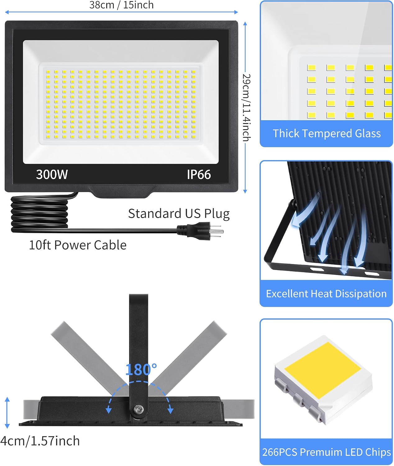 ISUERFY 300W LED Flood Light Outdoor with Plug, 36000LM Ultra Brighter Security Light, IP66 Waterproof Exterior Plug in Floodlight, 5000K Daylight White for Lawn Yard Garden Stadium(2 Pack)