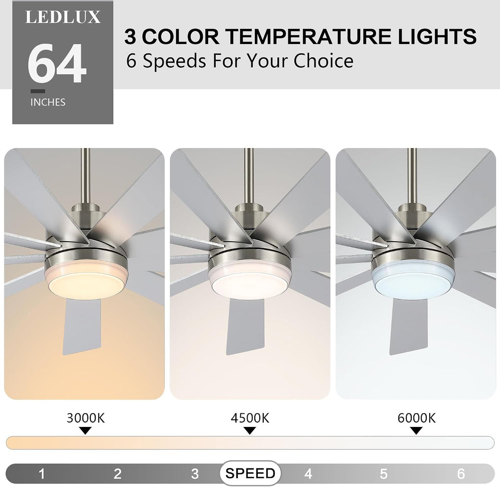 LEDLUX 64' Ceiling Fan with Light Silver, 6-Speed Remote Control, Reversible DC Motor, Modern 9 Blades with 4.5'/12' Downrods for Home or Commercial, Living Room/Restaurant