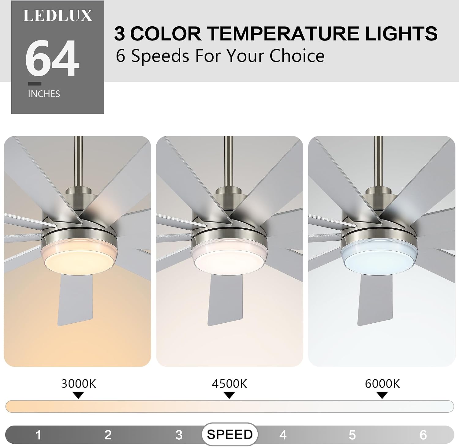 LEDLUX 64' Ceiling Fan with Light Silver, 6-Speed Remote Control, Reversible DC Motor, Modern 9 Blades with 4.5'/12' Downrods for Home or Commercial, Living Room/Restaurant