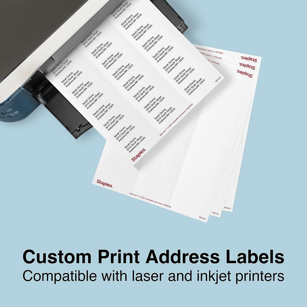 Staples Laser & Inkjet Address Labels, 1' x 2‑5/8', White, 30 Labels per Sheet, Printable Mailing Labels for Home & Office