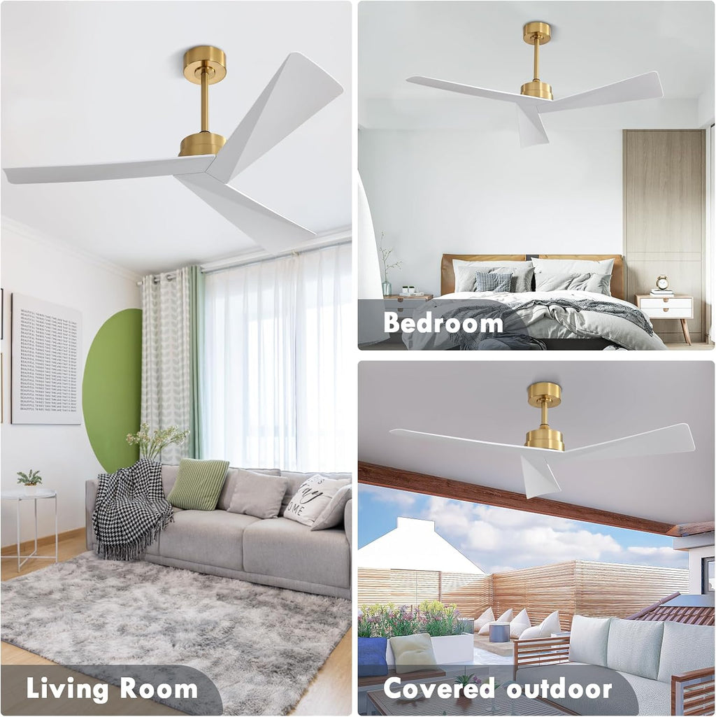 WINGBO 52' DC Ceiling Fan without Lights, Brass and White Ceiling Fan with Remote, 3 ABS Plastic Blades, 6 Speed Reversible DC Motor, Ceiling Fans No Light for Kitchen Bedroom Living Room