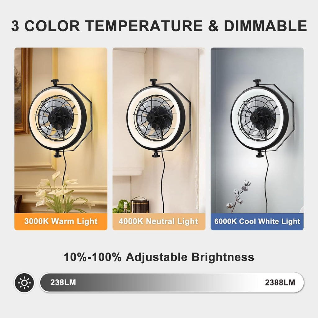 16' Wall Mounted Fan Indoor, Quiet 6 Speed Wall Mount Fan with Remote, Light and Timer, 360° Adjustable Tilt Plug in Wall Fan for Garage, Bedroom, Kitchen, Living Room, Greenhouse, Patio