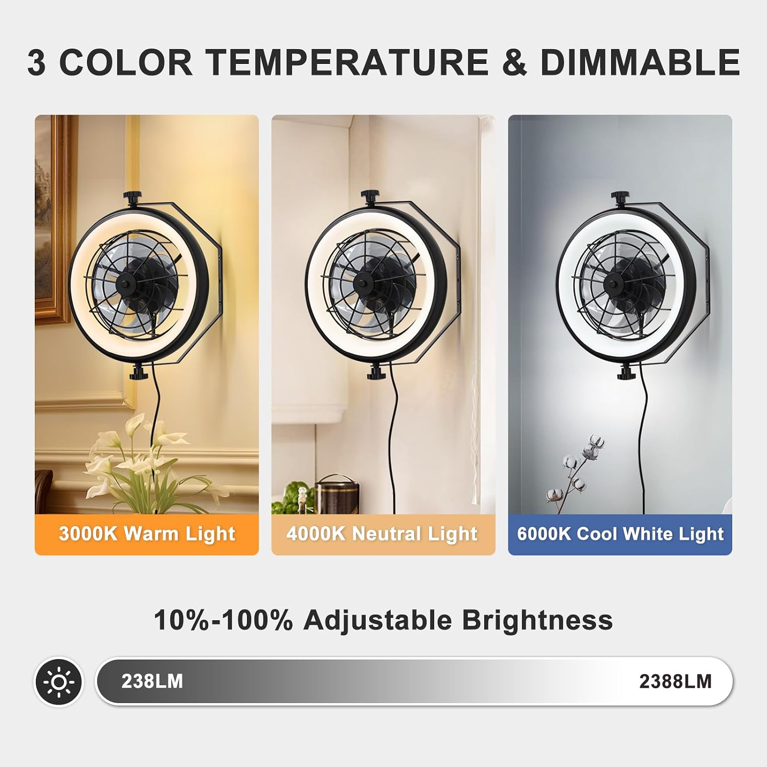 16' Wall Mounted Fan Indoor, Quiet 6 Speed Wall Mount Fan with Remote, Light and Timer, 360° Adjustable Tilt Plug in Wall Fan for Garage, Bedroom, Kitchen, Living Room, Greenhouse, Patio