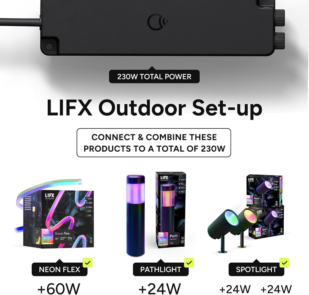 LIFX Outdoor Landscape Low Voltage Plug-in Power Supply Kit, Dual Output, Supports Up to 8 Path or Spot Lights, Weatherproof Cabling, Includes 10 ft Extension Cable & T-Connectors, LFX/PSUKIT/WP
