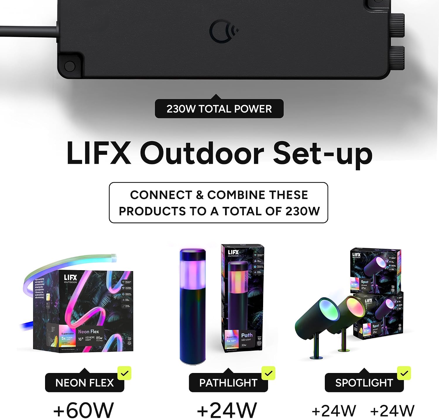 LIFX Outdoor Landscape Low Voltage Plug-in Power Supply Kit, Dual Output, Supports Up to 8 Path or Spot Lights, Weatherproof Cabling, Includes 10 ft Extension Cable & T-Connectors, LFX/PSUKIT/WP