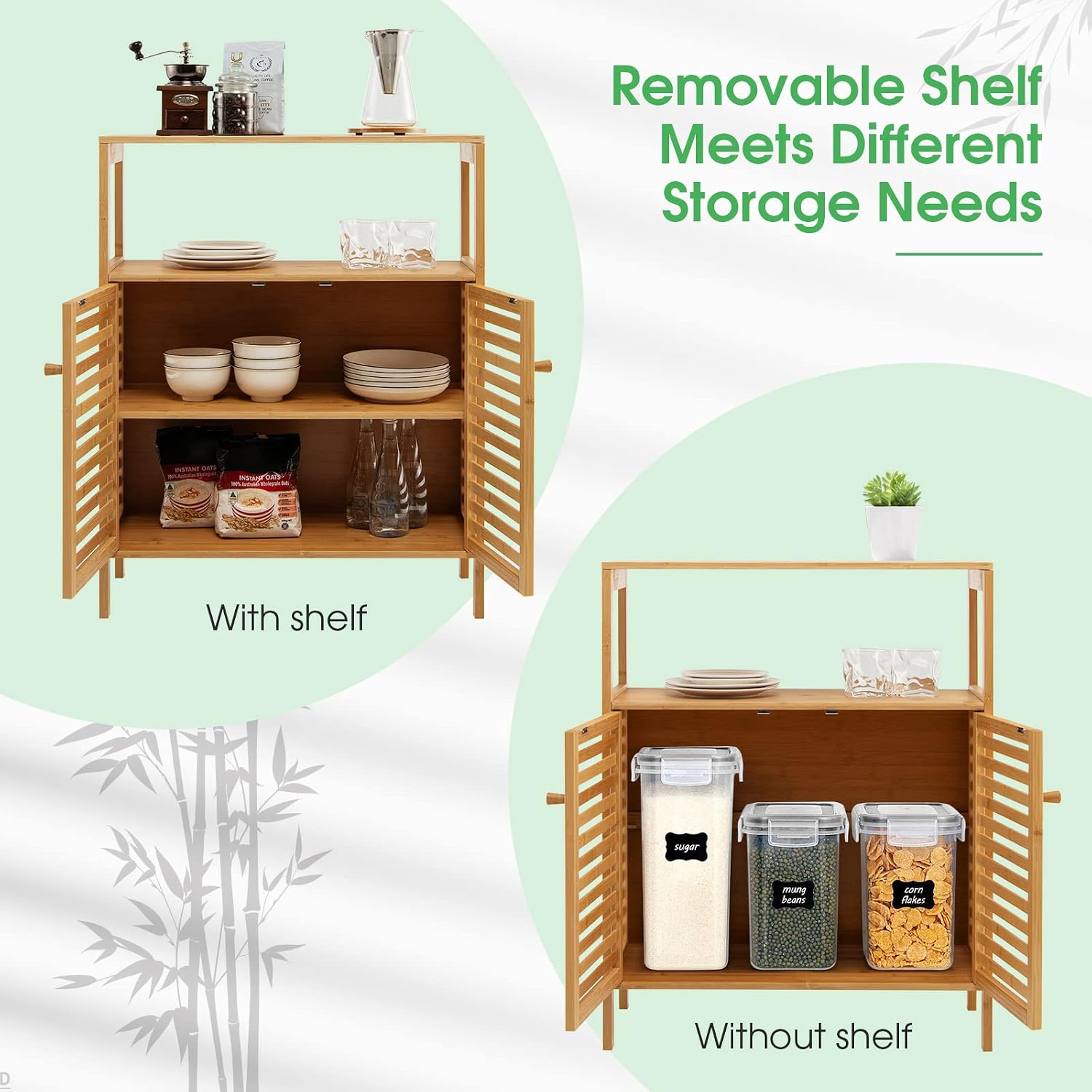 LDAILY LUARANE Storage Cabinet, Bamboo Cabinet w/ 2 Louvered Doors & Open Shelf, Bathroom Storage Cabinet for Living Room, Home Office, Kitchen, Natural