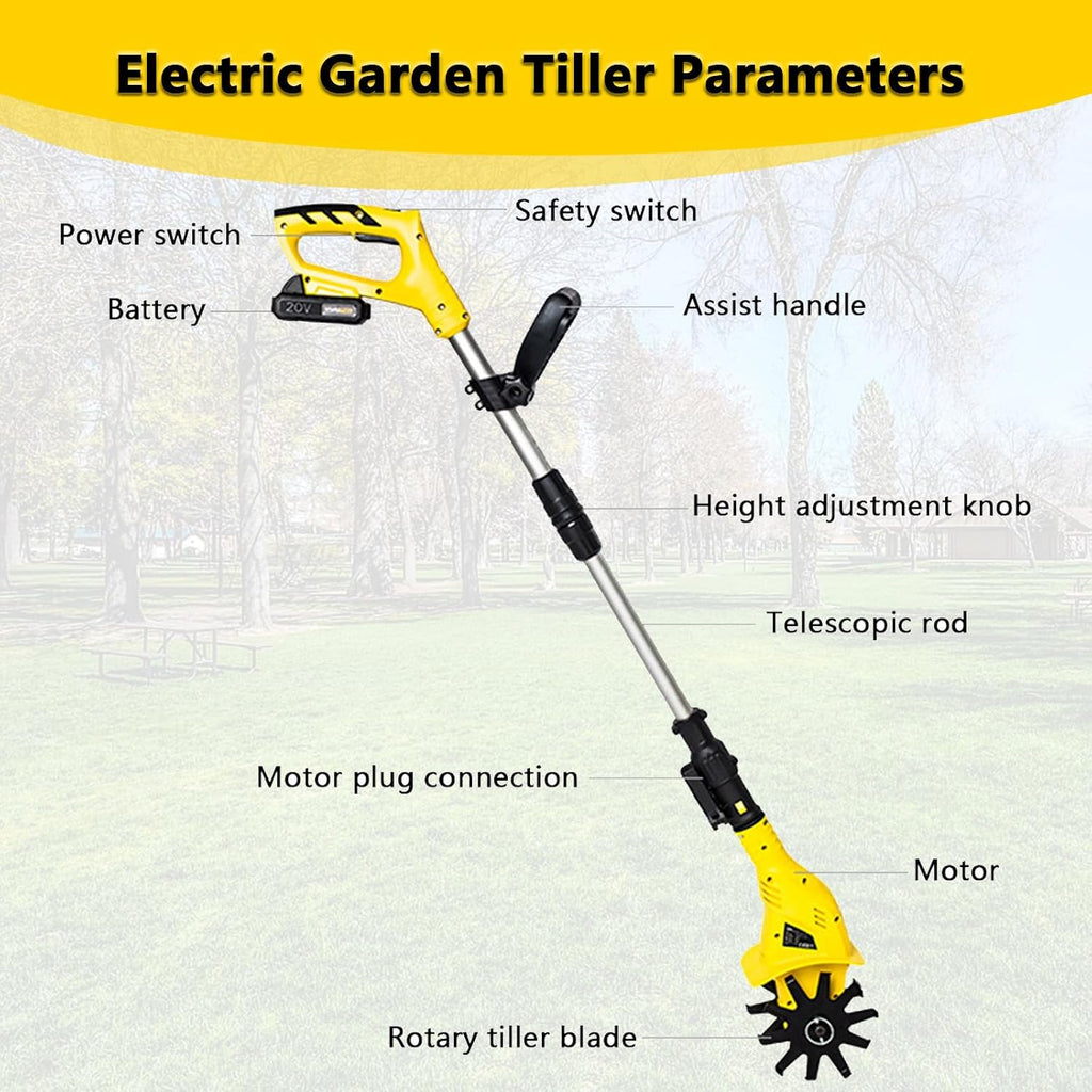 Garden Tiller, 250 RPM Electric Garden Rototiller with 97-127cm/38-50in Adjustable Length, Mini Tiller for Gardening/Soil Cultivation, Including Battery (Yellow)