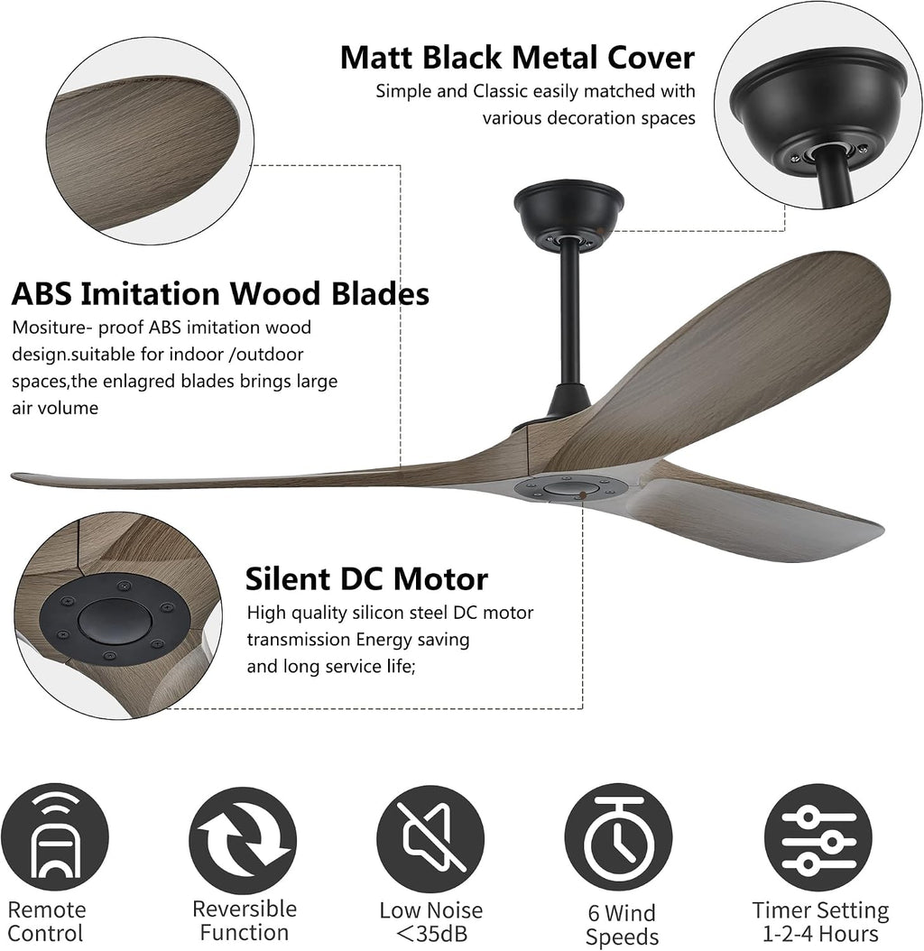 60 Inch Indoor/Outdoor Ceiling Fan with Remote Control, Modern Ceiling Fan with DC Quiet and Reversible Motor,3 ABS Imitation Wood Walnut Blades for Living Room,Farmhouse,Patio,Bedroom