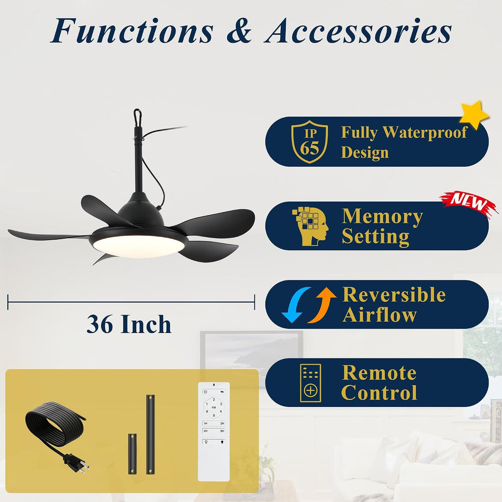 NORFOLK Ceiling Fan with Lights, 36'' Outdoor Waterproof Plug in IP65 Gazebo Fan, Wet Rated LED 3 Color Lighting with Remote, Easy Hanging with Hook for Indoor, Patios, Pergola, Garage, Deck, Coastal
