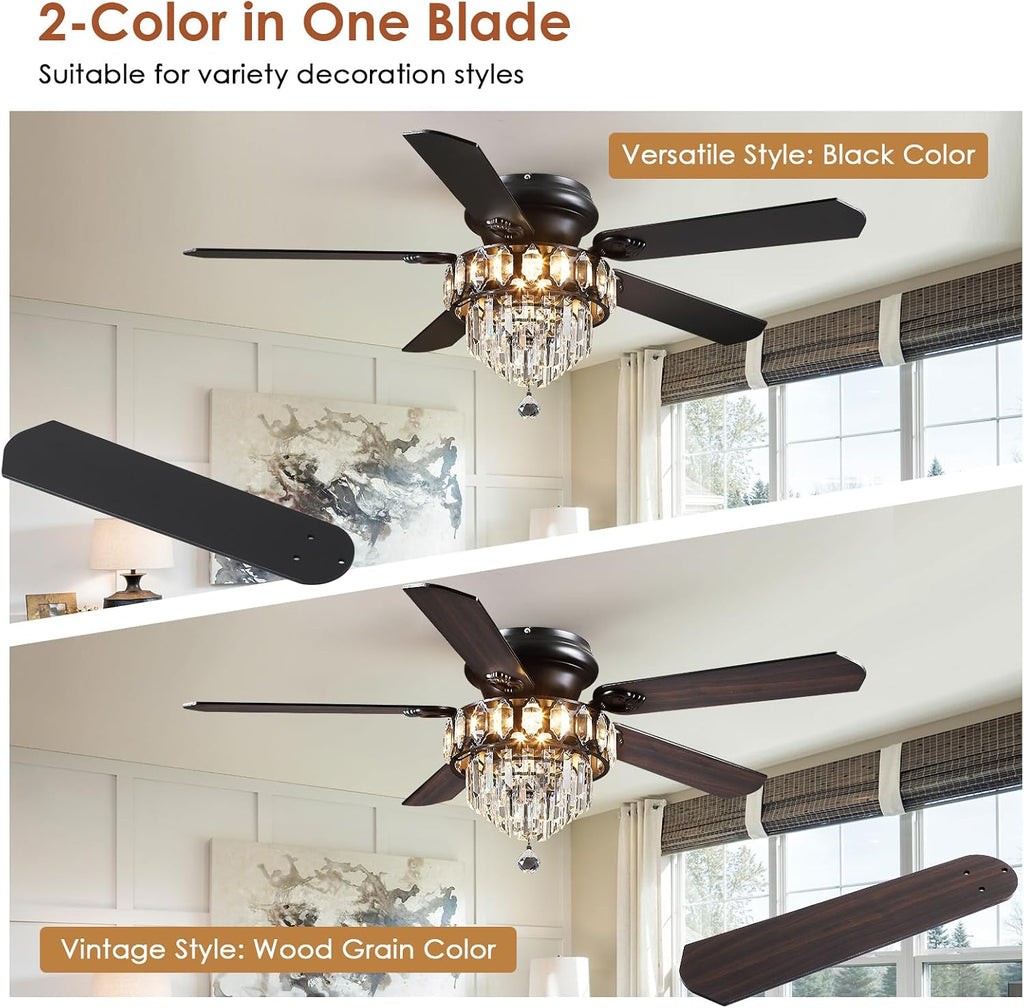 Asyko 52' Low Profile Crystal Ceiling Fan Fandelier with Lights and Remote Control- Retro/Farmhouse Ceiling Fans with Noiseless DC Motor, Flush Mount Ceiling Fan Light for Dining Room,Bedroom