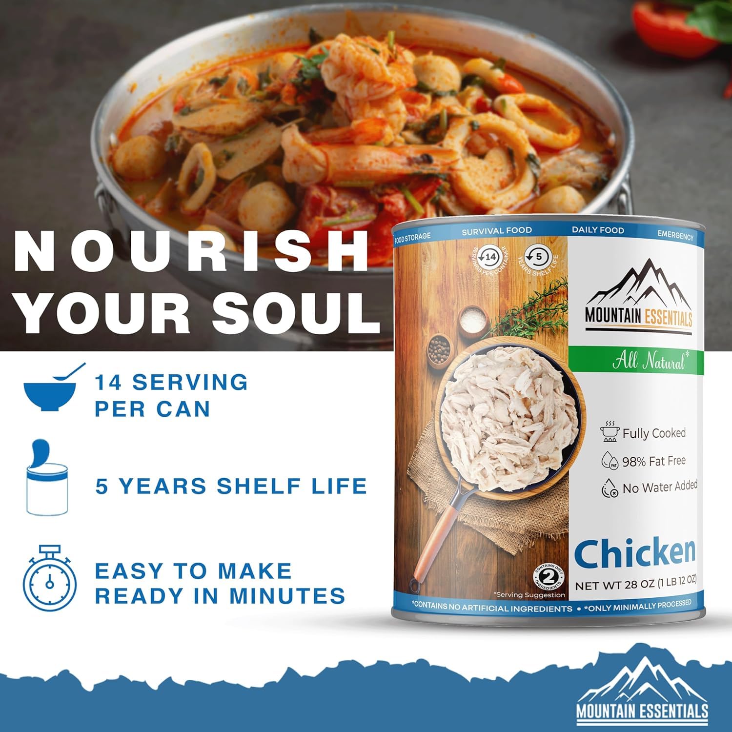 MOUNTAIN ESSENTIALS Fully Cooked Ready to Eat Canned Meat Variety Pack 28 Oz – 3 Beef, 3 Ground Beef, 2 Chicken, 2 Turkey, 2 Pork – Pantry Staples for Daily Use & Emergency Meals – Made in USA 12 Pack