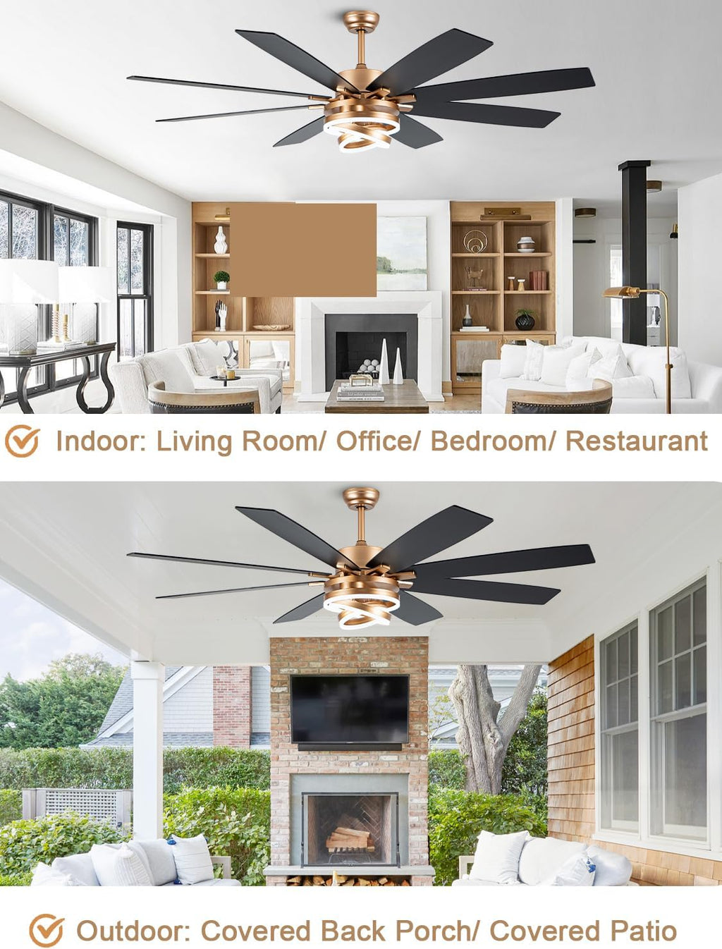 72 Inch Black and Gold Ceiling Fan with Lights and Remote Modern Fandelier Ceiling Fan Large Chandelier LED Light, Reversible DC Motor 3CCT Dimmable 6 Speed for Living Room Indoor Outdoor