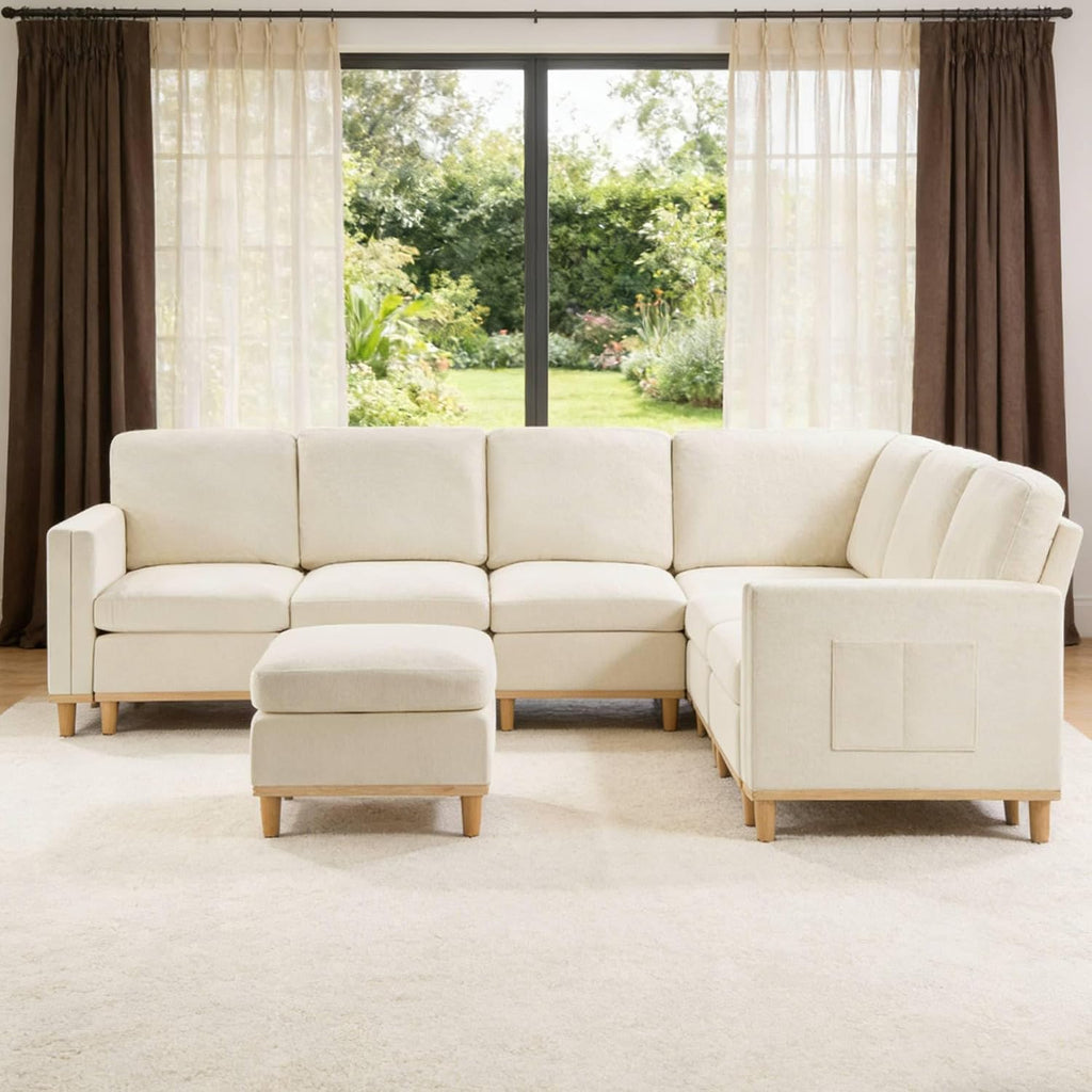 KEIKI 110' Modular Sectional Sofa for Living Room, Convertible 6 Seat Cloud Couch with Soft Fabric Padding, Reconfigurable Furniture for Open Concept Space, Bright Modern Home, White