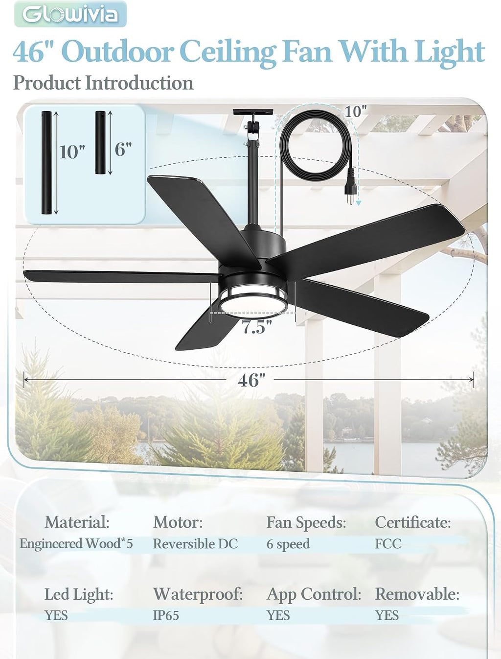 46 Inch Outdoor Ceiling Fan with Lights, IP65 Waterproof, Smart APP Remote Control, Dimmable 3CCT LED, 6-Speed Quiet DC Motor, Plug in Hanging Fan with Cord for Patio Porch Gazebo (Black)