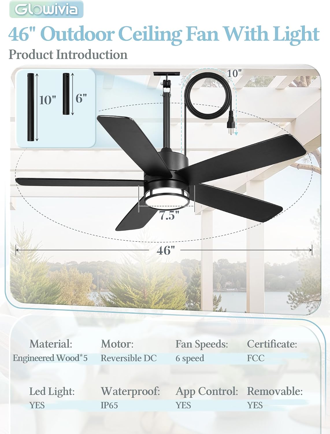 46 Inch Outdoor Ceiling Fan with Lights, IP65 Waterproof, Smart APP Remote Control, Dimmable 3CCT LED, 6-Speed Quiet DC Motor, Plug in Hanging Fan with Cord for Patio Porch Gazebo (Black)