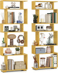 Giantex 6-Tier Geometric Bookshelves Set of 2, S-Shaped Bookcase with 2 Anti-Tipping Kits, Wooden Display Shelf, Decorative Storage Shelving Unit, Home Storage Organizer for Living Room, Burlywood