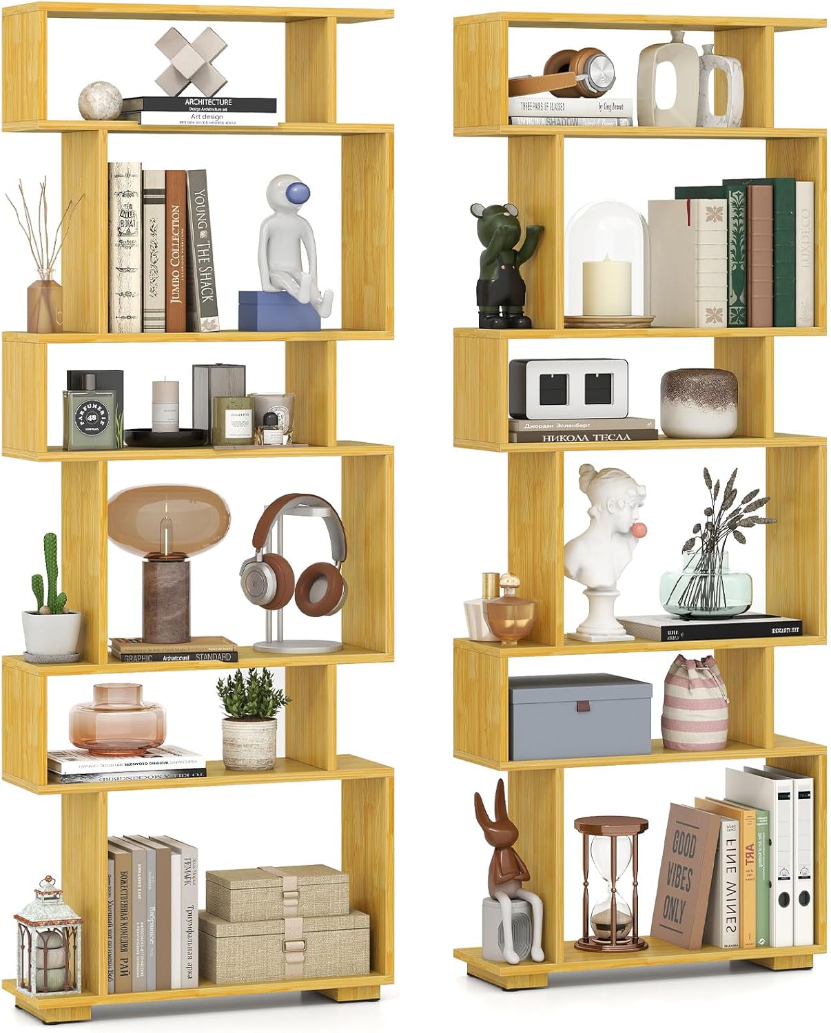 Giantex 6-Tier Geometric Bookshelves Set of 2, S-Shaped Bookcase with 2 Anti-Tipping Kits, Wooden Display Shelf, Decorative Storage Shelving Unit, Home Storage Organizer for Living Room, Burlywood