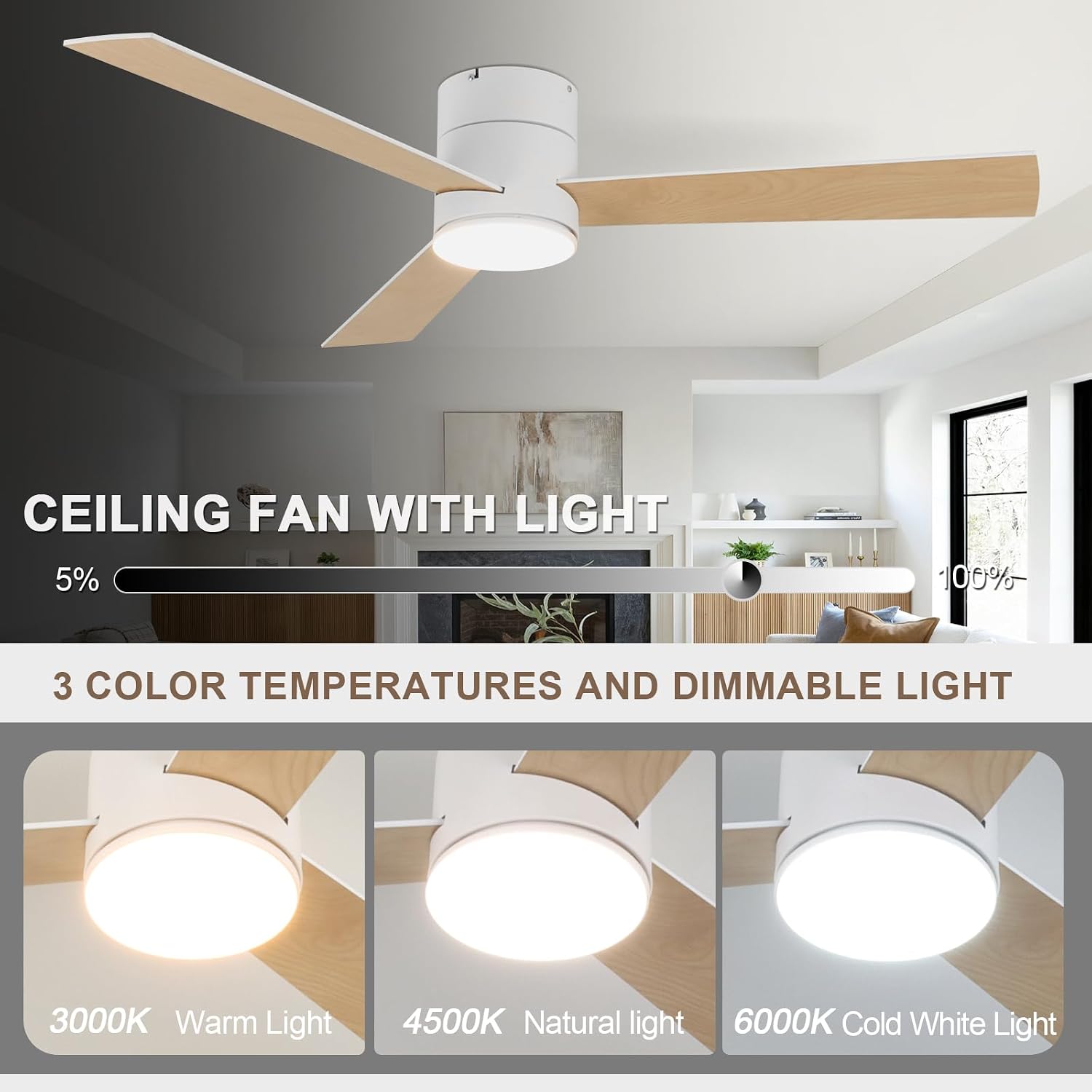 GESUM Flush Mount Ceiling Fan with Lights, 52' Low Profile Ceiling Fans with Remote Control, Dimmable, Quiet DC Motor, Reversible, Outdoor Ceiling Fans for Patios Bedroom Kitchen Porch