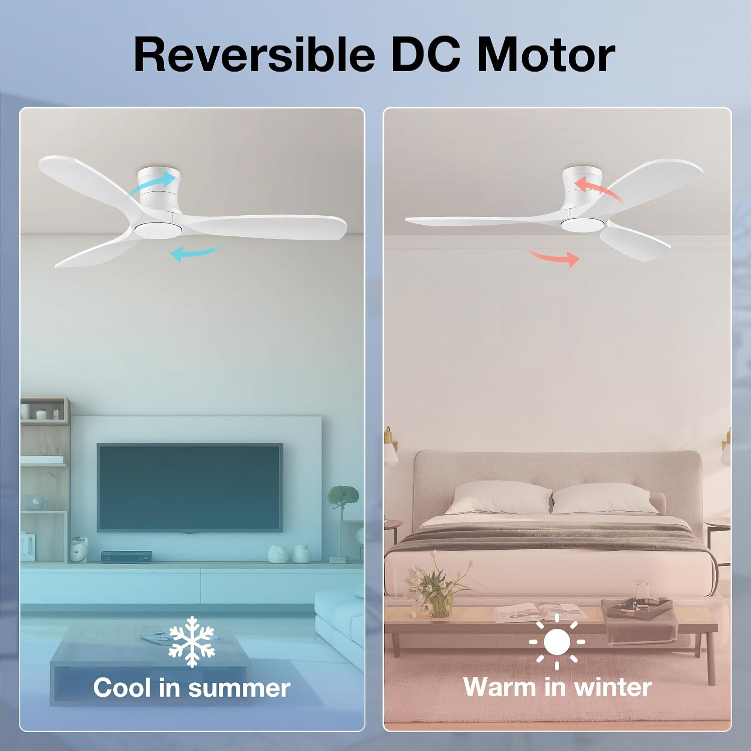 52 Inch Wood Ceiling Fans with Lights Remote,Low Profile Flush Mount Ceiling Fan with Light,Outdoor Indoor Modern Ceiling fan for Bedroom Living room Patio,White,3 Blades,Dimmable,6 Speed,Noiseless