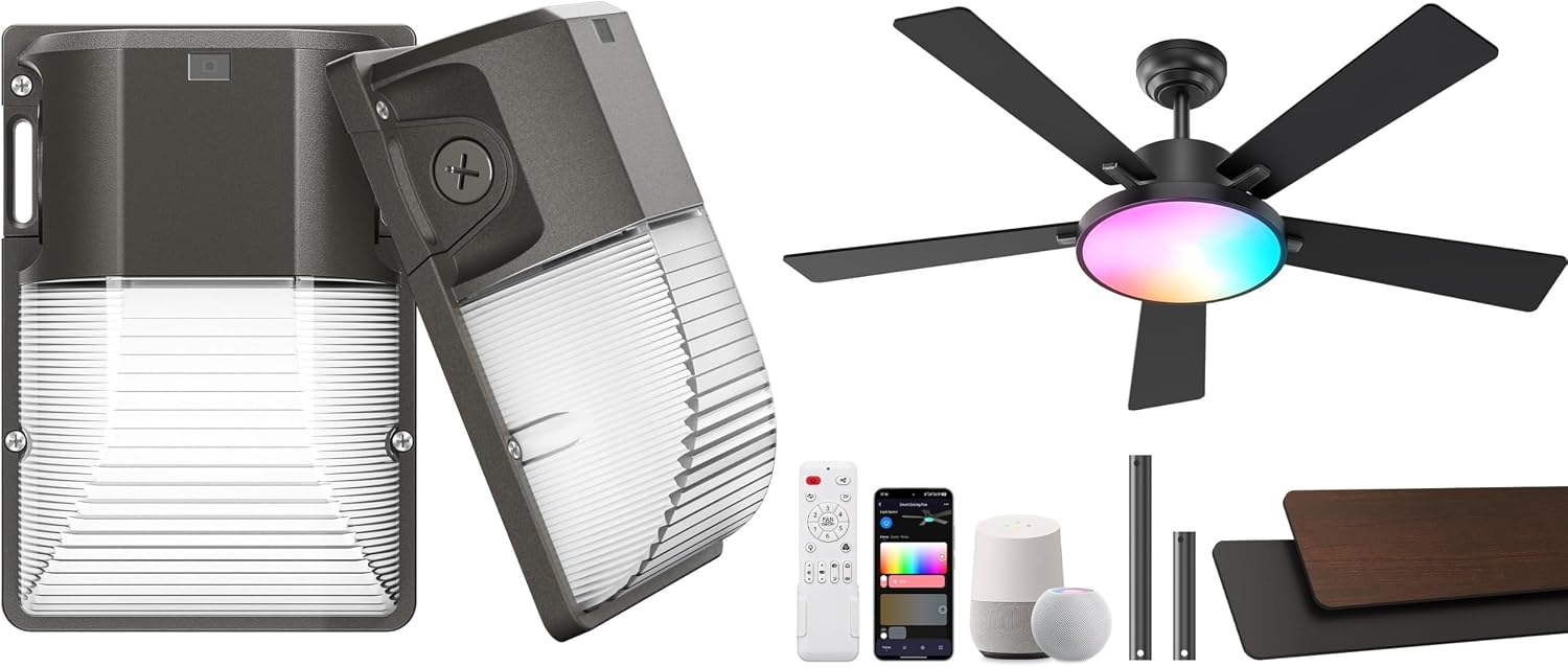CINOTON 30W LED Wall Pack Light with Dusk to Dawn Sensor & 52' Smart Ceiling Fan with Light and Remote, Alexa/Google/App Control, 6 Speeds & 2 Fan Modes, Reversible DC Motor