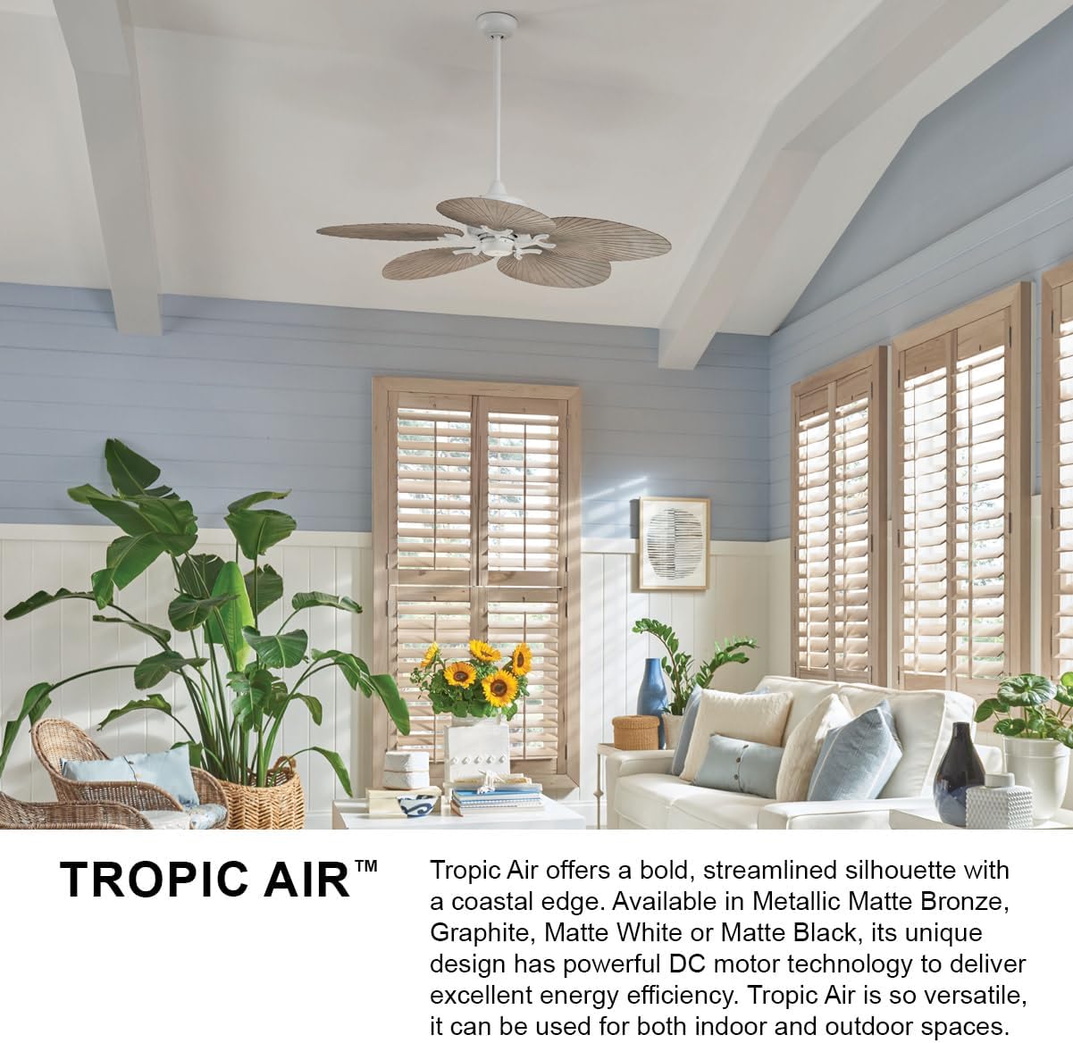 Hinkley Tropic Air 52' Indoor and Outdoor Ceiling Fan, Five Blades, DC 4 Speed Motor, Matte White and Palm-Shaped Weathered Wood Composite Fan Blades