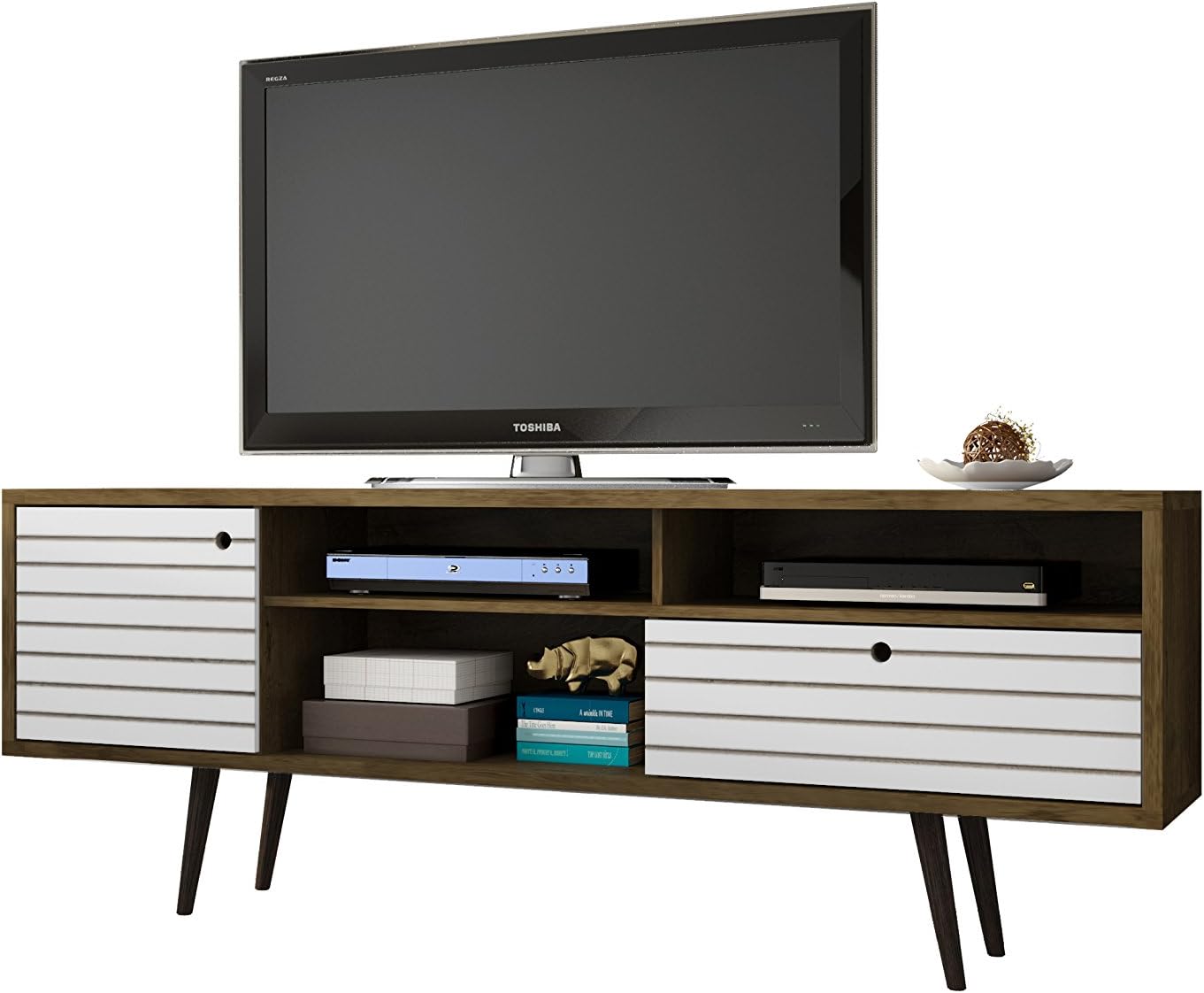 Manhattan Comfort Liberty Mid Century Modern TV Stand for Televisions up to 65 Inches, Bedroom and Living Room Entertainment Center with Storage, Shelves, and Cabinet, 71' Wide, Rustic Brown/White