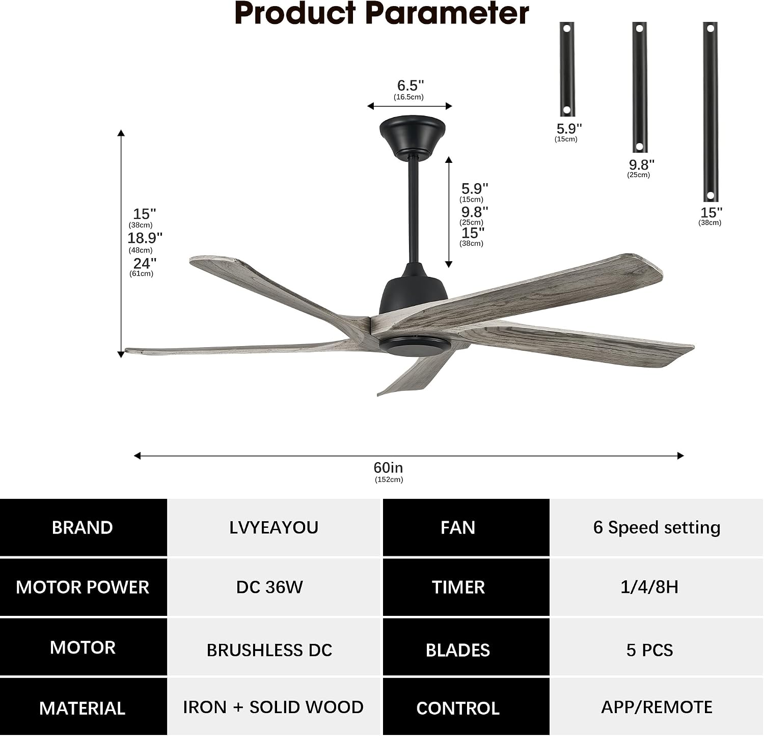 60 Inch Solid Wood Ceiling Fan No Lights, Remote and APP Control, DC Motor, 6-speed Reversible, for Bedroom, Living Room, Office, Outdoor Ceiling Fans, Greywood