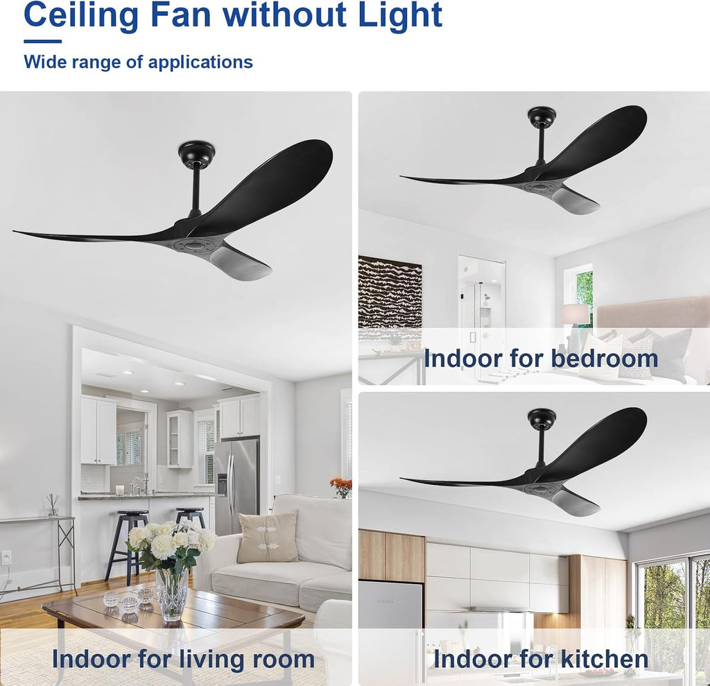 60'' Ceiling Fan No Light with Remote Control,Outdoor Ceiling Fan with DC Reversible and Silent Motor,3 Plastic Blades,Black Fan for Patios,Living Room,Bedroom