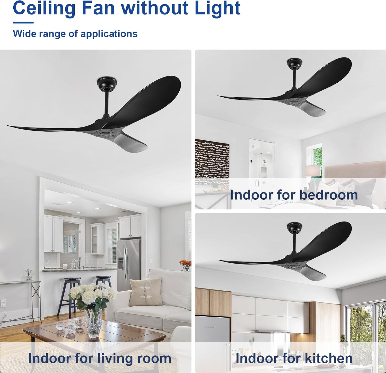 60'' Ceiling Fan No Light with Remote Control,Outdoor Ceiling Fan with DC Reversible and Silent Motor,3 Plastic Blades,Black Fan for Patios,Living Room,Bedroom