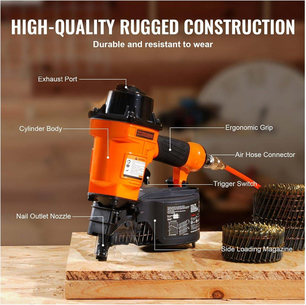 MCN55 Coil Nailer - 15 Degree Pneumatic Nail Gun - 1 to 2-1/4 Inch Coil Siding Nailer - Wood Pallet & Furniture Assembly - High Capacity Magazine