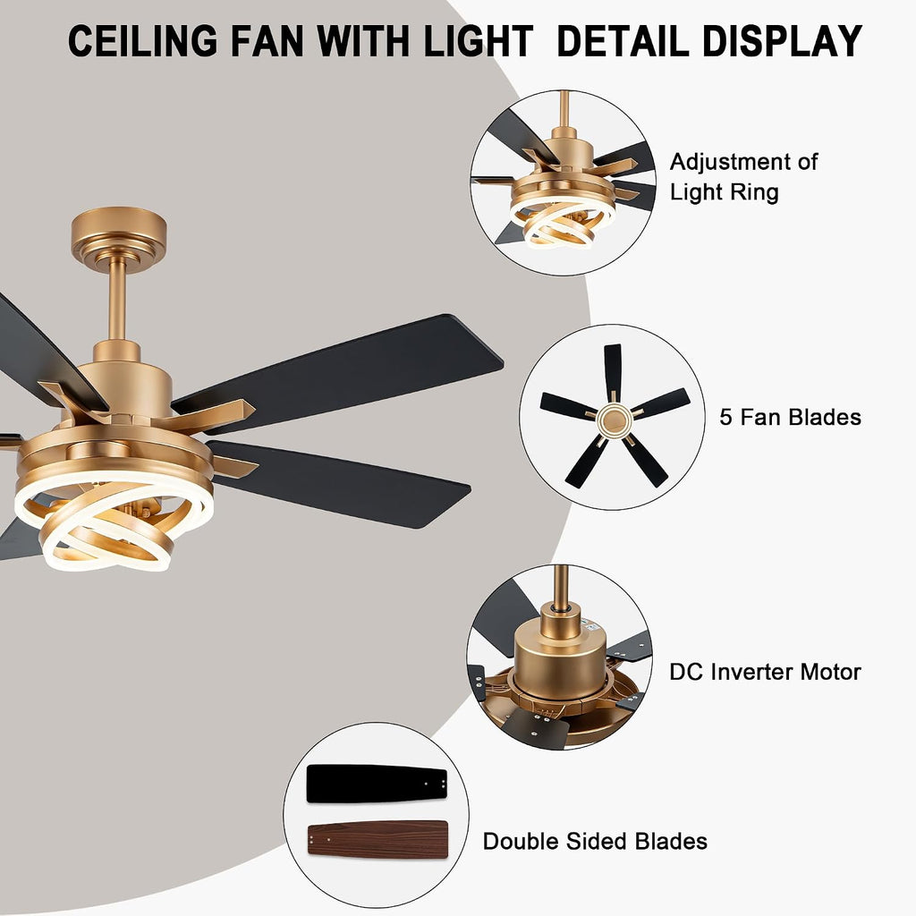 52 Inch Chandelier Ceiling Fans with Lights and Remote Control,6 Wind Speeds,3 Lighting Colors Optional,DC Motor,DIY Rings LED,Ceiling Fan for Living Room/Dining Room/Bedroom/Kitchen
