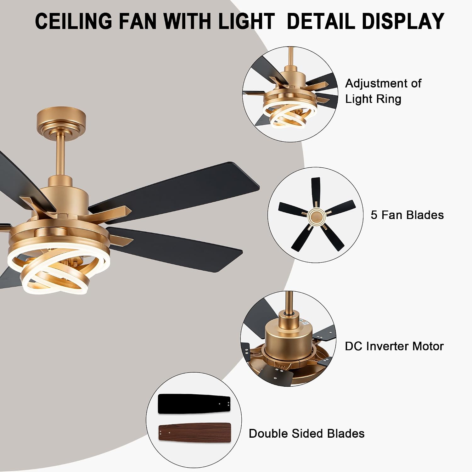 52 Inch Chandelier Ceiling Fans with Lights and Remote Control,6 Wind Speeds,3 Lighting Colors Optional,DC Motor,DIY Rings LED,Ceiling Fan for Living Room/Dining Room/Bedroom/Kitchen