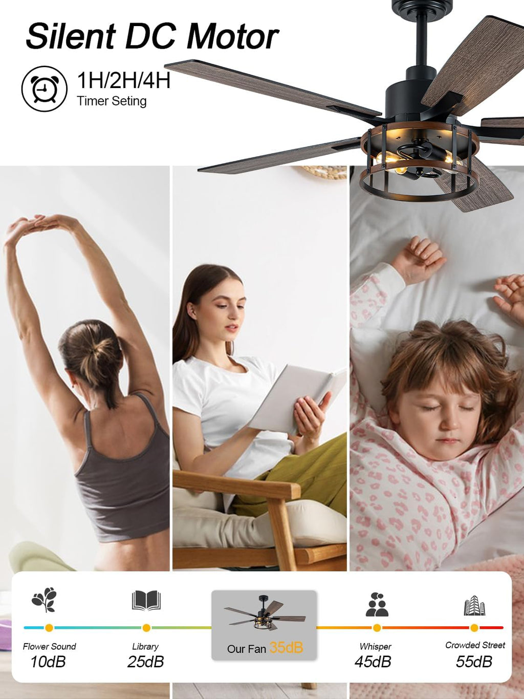 Rustic Ceiling Fan with Lights and Remote, Large Farmhouse Ceiling Fan Caged Fandelier Chandelier, Reversible Quiet DC Motor 6 Speeds for Living Room (Rustic Cage, 52 Inch)