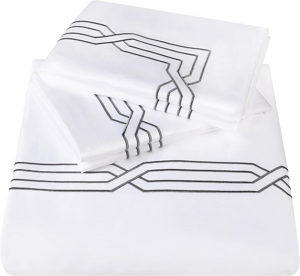 Superior Egyptian Cotton 1200 Thread Count Embroidered 3-Piece Duvet Cover Set, 1 Duvet Cover, 2 Pillow Shams, Bedding Essentials Decor, Soft Comforter Cover, King/California King, White/Charcoal