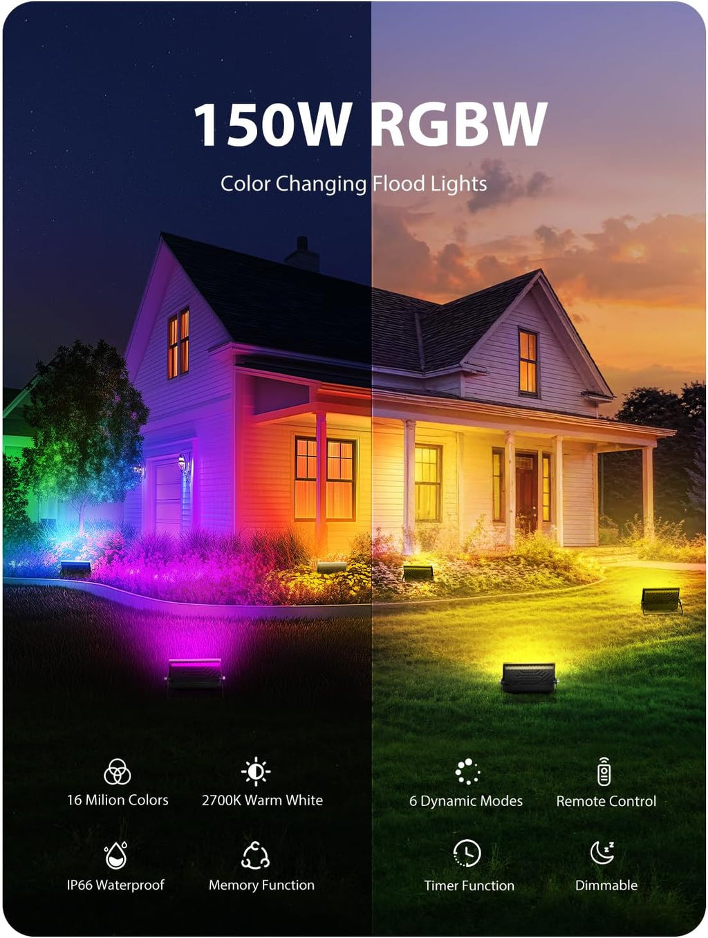 Onforu LED Flood Light Outdoor 1000W Equivalent, 150W Color Changing RGBW Floodlight with Remote, Stage Lights Uplights for Events, IP66 Uplighting Spotlight Floor Strobe Light for Christmas 4 Pack