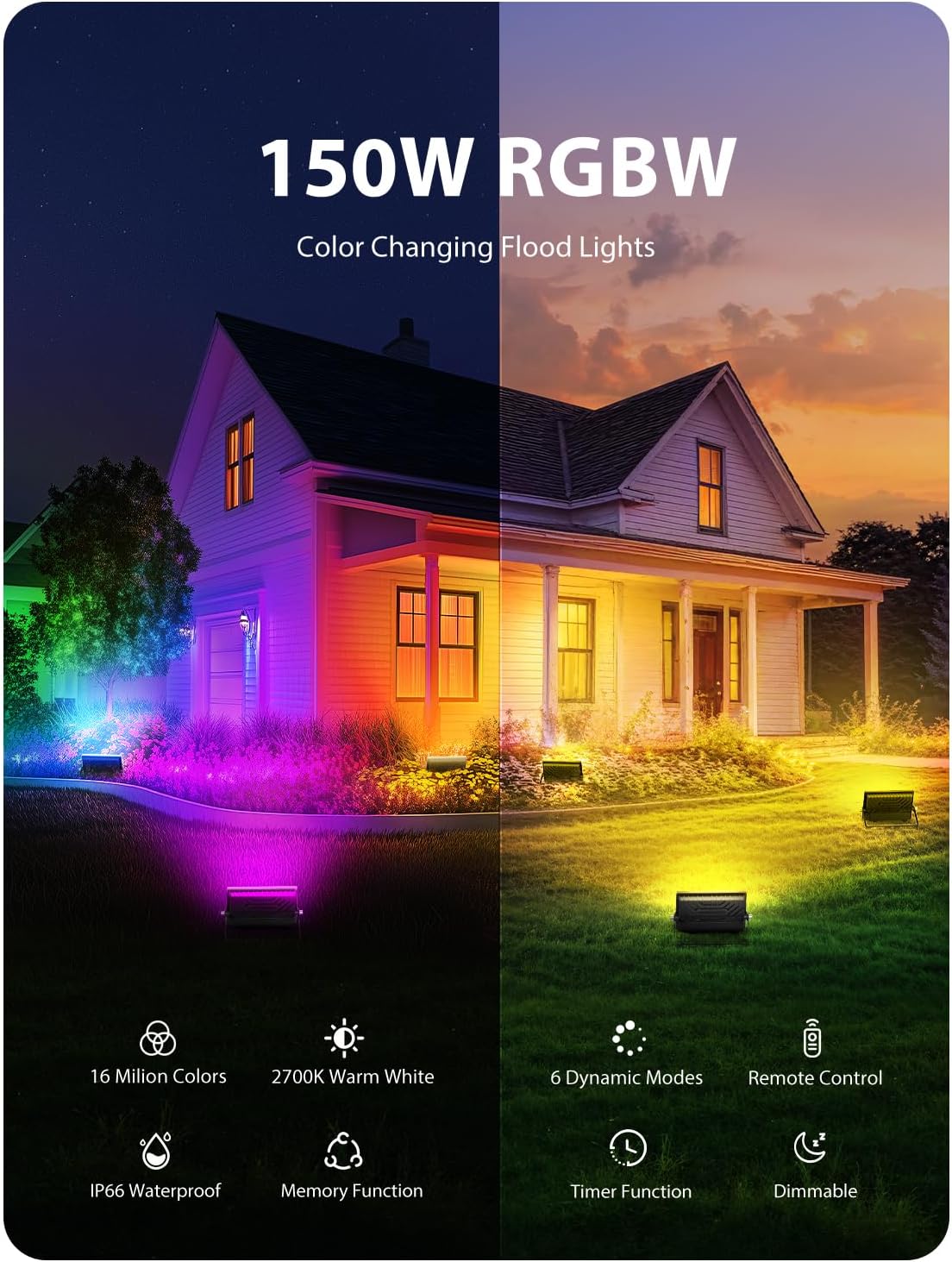 Onforu LED Flood Light Outdoor 1000W Equivalent, 150W Color Changing RGBW Floodlight with Remote, Stage Lights Uplights for Events, IP66 Uplighting Spotlight Floor Strobe Light for Christmas 4 Pack