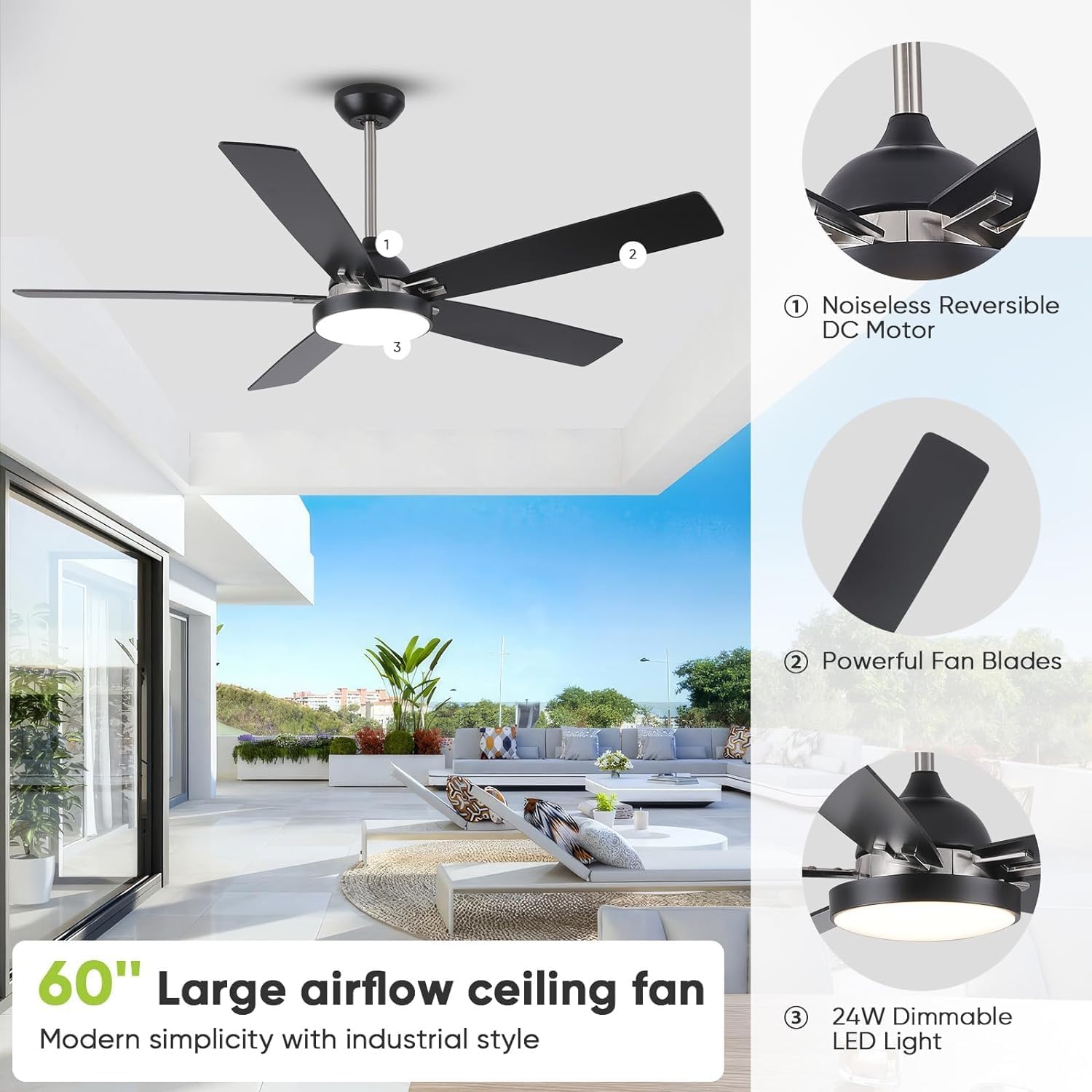 60 inch Outdoor Ceiling Fans for Patios with Light, Modern Black Ceiling Fan with Light and Remote, Quiet Reversible DC Motor, Damp Rated Large Airflow Ceiling Fan for Exterior House Porch Gazebo