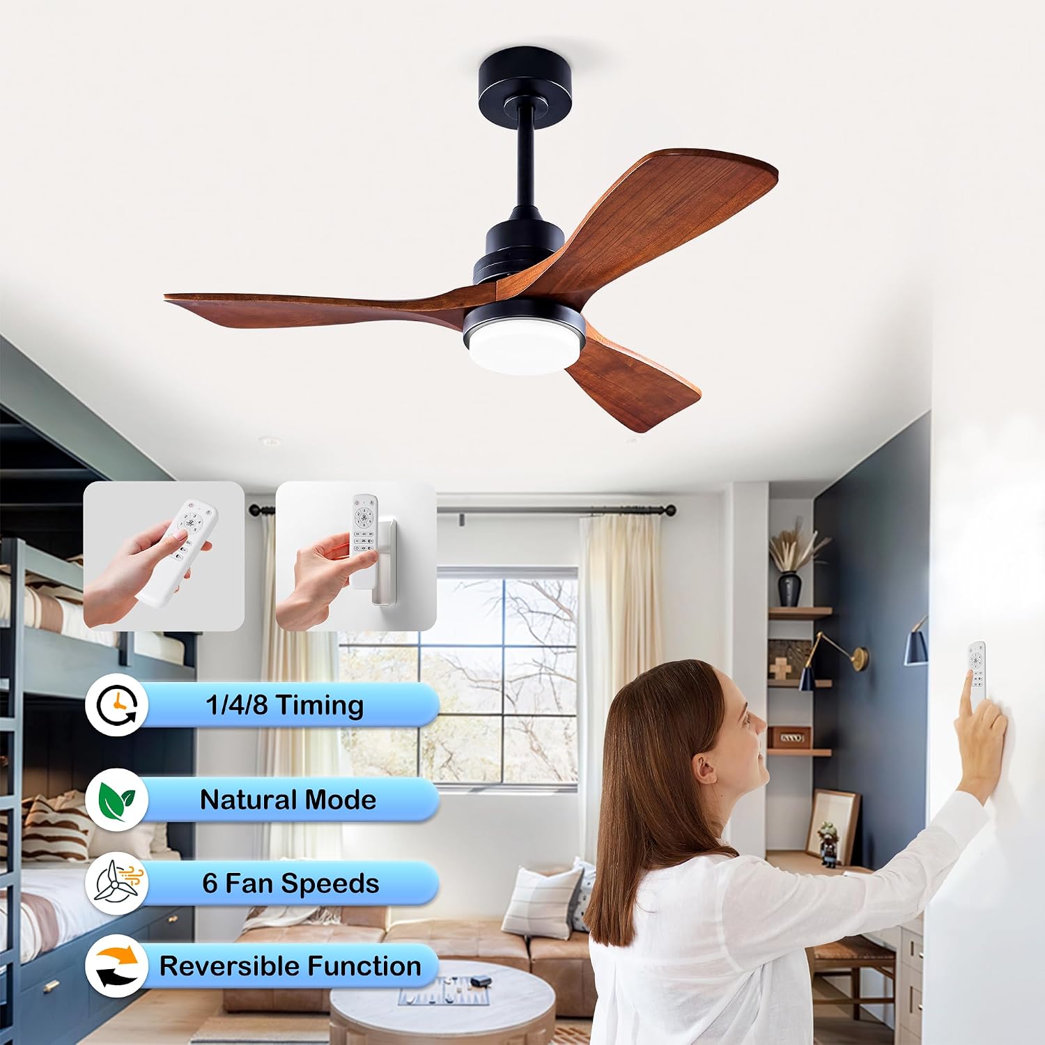 42 Inch Ceiling Fans with Lights and Remote, Outdoor Ceiling Fan for Patios with Light 3 Blades Ceiling Fan Noiseless Reversible DC Motor, Wood Fan for Farmhouse