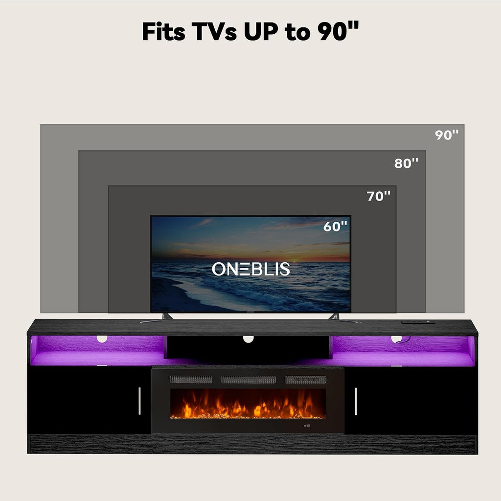 80' Fireplace TV Stand with Power Outlet, Electric Fireplace Entertainment Center with Storage Cabinets, Fits TVs up to 90', TV Console with LED Lights for Living Room, Office, Black-Black
