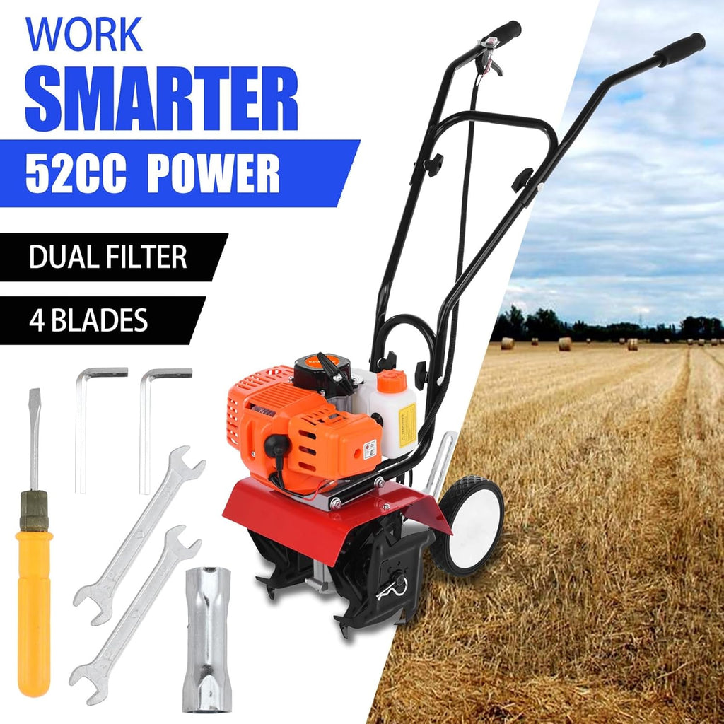 Tiller Cultivator, 2 Stroke 9000RPM 1.2L Fuel Tank Tiller for Gardening, 6-inch Working Depth 7.9-inch Tilling Width, 3HP/1.65kW 52cc Rototiller Gas Powered for Root/Weed Removal Orange