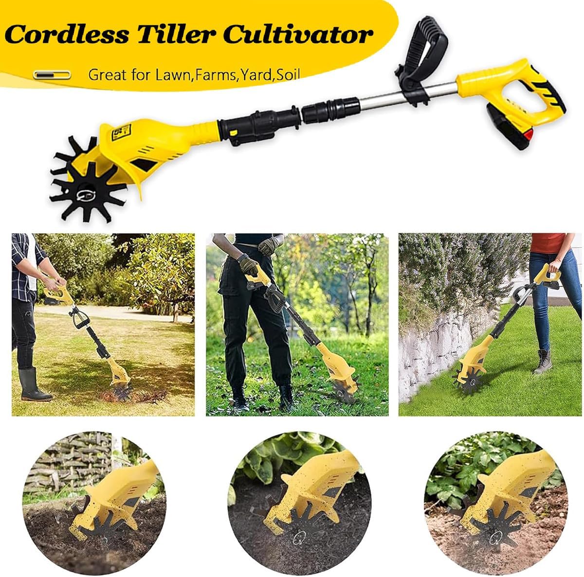 Gardening Tool Cultivation Machine, Cordless Electric Tiller, 250 max RPM Powered Tiller Cultivator, 97-127Cm Adjustable Handle, for Soil Mixing or Reseeding Grass