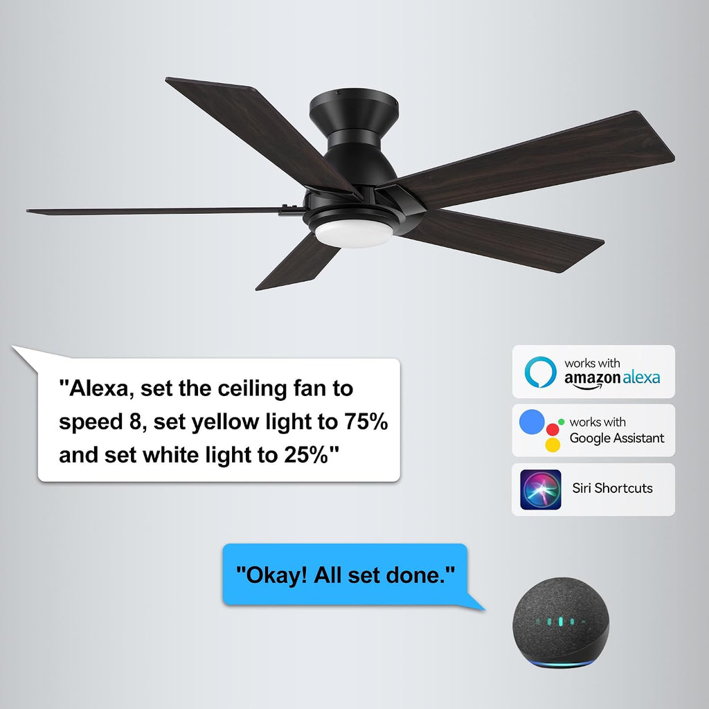 CEME Smart 48' Ceiling Fans with Lights Flush Mount, 3 Light Colors Dimmable, 10 Speeds DC Ceiling Fan with Remote, Outdoor Ceiling Fan Compatible with Alexa, Siri & Google Home, Wood & Dark Walnut