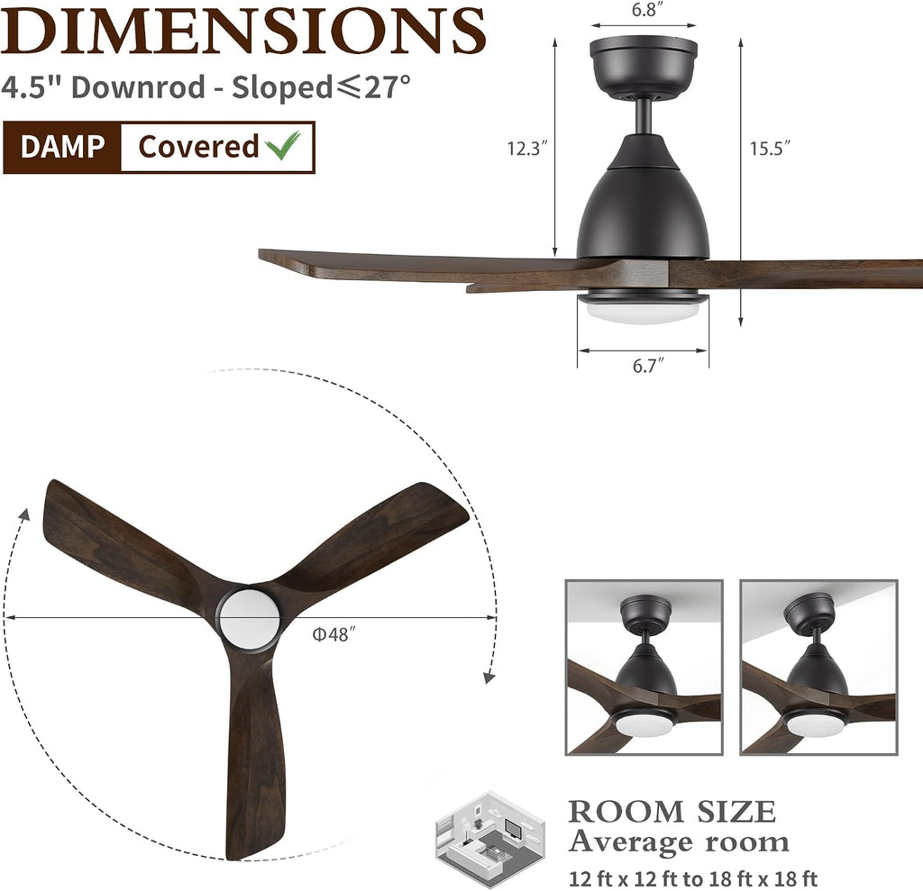 48' Smart Low Profile Ceiling Fans with Dimmable Lights Remote,Quiet BLDC Motor,Outdoor Indoor Downrod Mount Ceiling Fan,Control with WIFI Alexa App,3 Walnut Solid Wood Blades,for Modern Bedroom
